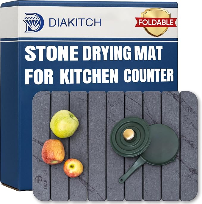 Stone Drying Mat for Kitchen Counter – Super Absorbent Stone Dish Drying Mat, Foldable & Quick Dry, Diatomaceous Earth Mat for Dish & Bottle, Ideal for Kitchen - 23.6" x 15.4", Dark Grey