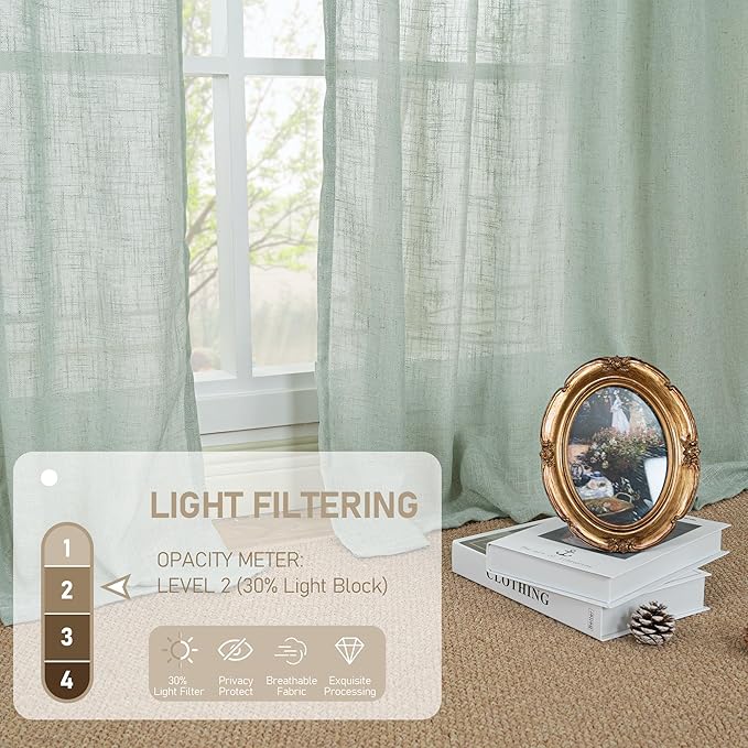 LAMIT Short Linen Window Curtains 30 Inches Long 2 Panels, Light Sage Semi Sheer Light Filtering Panels Back Tab and Rod Pocket Neutral Drapes for Basement/Small Windows, 34 x 30 Inch