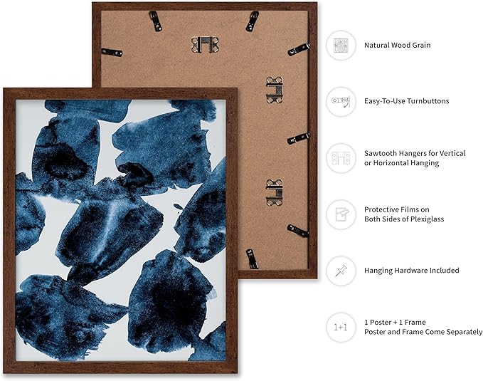 Monem Art Blue Abstract Watercolor Texture Print - Minimalist Modern Art Poster - Wall Decor for Living Room, Bedroom or Office - 8x10 Brown Framed Wall Art by Mareike Bohmer