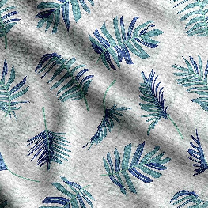 Soimoi Silky Satin Fabric Material, 1 Yard - 42" Inch Width, Blue - Leaves Print - Soft Shiny Fabric for Dress, Pillowcases, Pajamas, Evening Dress, DIY