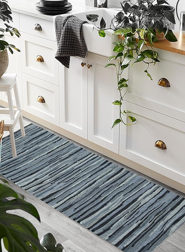 Cotton Hand Woven Chindi Runner Rug 2x6 Feet - Charcoal, Farmhouse Stripe Soft Area Floor Runners Ideal for Hallways, Kitchen, Nursery | Grey Decorative Reversible Indoor Space Mat for Bedroom