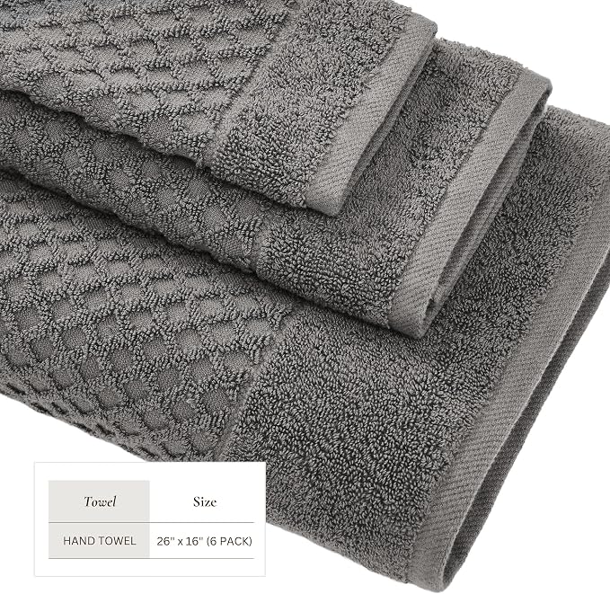 Great Bay Home Hand Towels - 100% Cotton 6 Pack 26x16 Hand Towel Set - Absorbent, Durable, Quick-Dry Towels for Bathroom (Dark Grey)