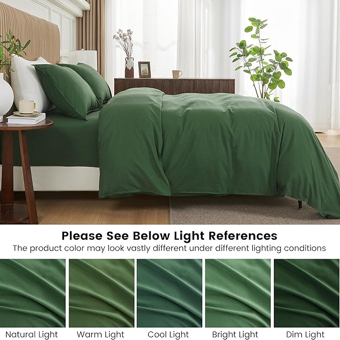 BISELINA French Linen Duvet Cover Set 3pcs with Hidden Zipper Closure Natural Flax Cotton Blend Solid Color Soft Breathable Luxury Farmhouse Bedding - King Size, Forest Green