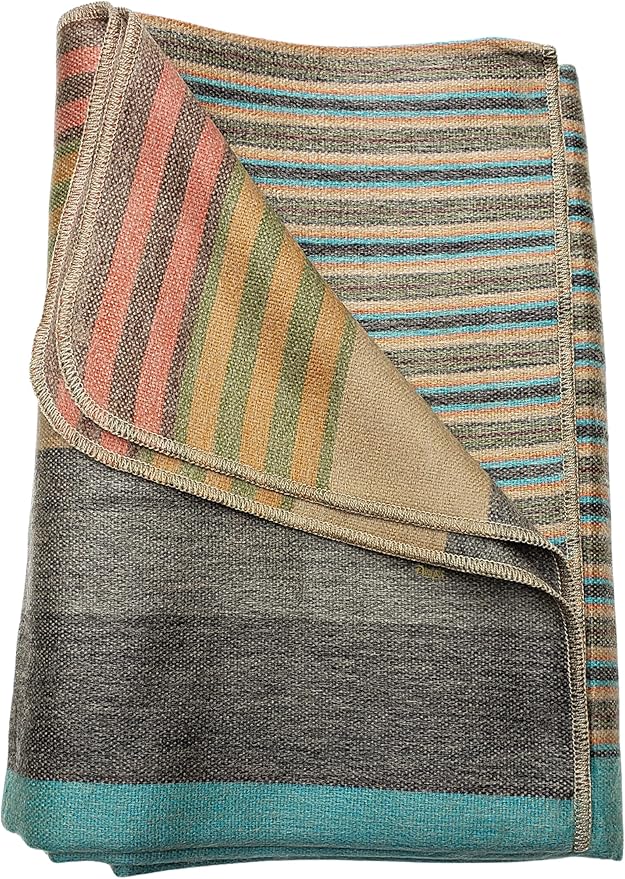 DAVLINA, Alpaca Wool Throw Blanket | Super Soft, Lightweight, Breathable and Hypoallergenic | Non-Itchy or Scratchy (Green Gray Varicolored, Striped)