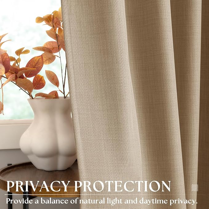 Tan Brown Curtains 90 Inches Long for Bedroom Grommet Light Filtering Dark Flax Burlap Linen Drapes Farmhouse Rustic Country Drop Cloth Semi Sheer Curtain 90 Inch 2 Panels for Living Dining Room