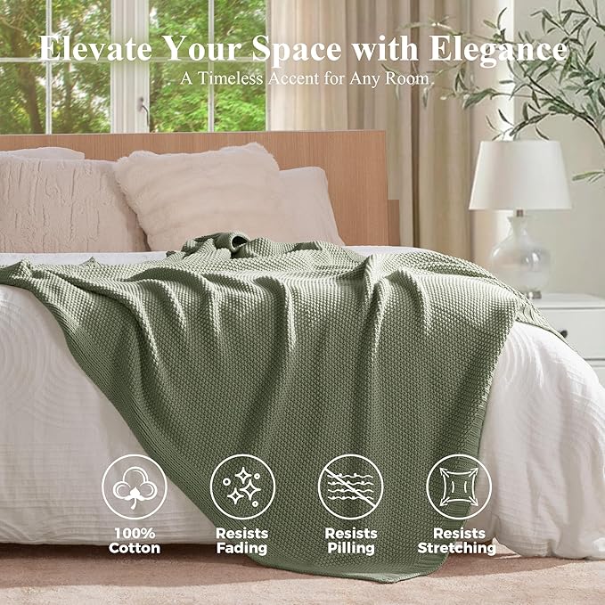 100% Cotton Cable Knit Throw Blanket, Lightweight Soft Knit Blanket for Sofa Couch Bed, Breathable All-Season Throw, Cozy Decorative Blanket, 50 x 60 Inch,Sage