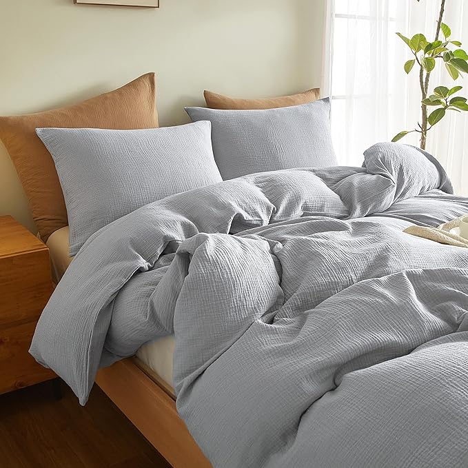 SE SOFTEXLY Muslin Duvet Cover Queen Size, 100% Washed Cotton Duvet Cover Set, Ultra Soft Comforter Cover Linen Like, 3 Pieces Minimalist Gauze Duvet Cover with 2 Pillowcases, 90"x90", Light Grey