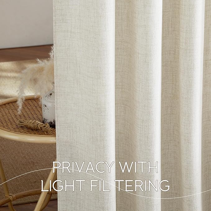 NICETOWN Cream Curtains 63 inch Length, Rod Pocket & Back Tab Faux Linen Semi Sheer Drapes Privacy with Light Filtering Window Treatments Washable for Living Room, W52 x L63, 2 Panels