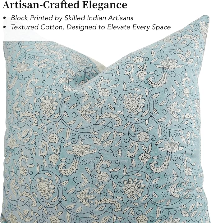 Hand-Block Printed, Artisan-Made Neutral Accent Throw Pillow Covers- 100% Cotton Cushion for Sofa, Bed, Chair, Home Decor, Boho, Indoor - Lina (Blue, 20" x 20" (Pack of 2))