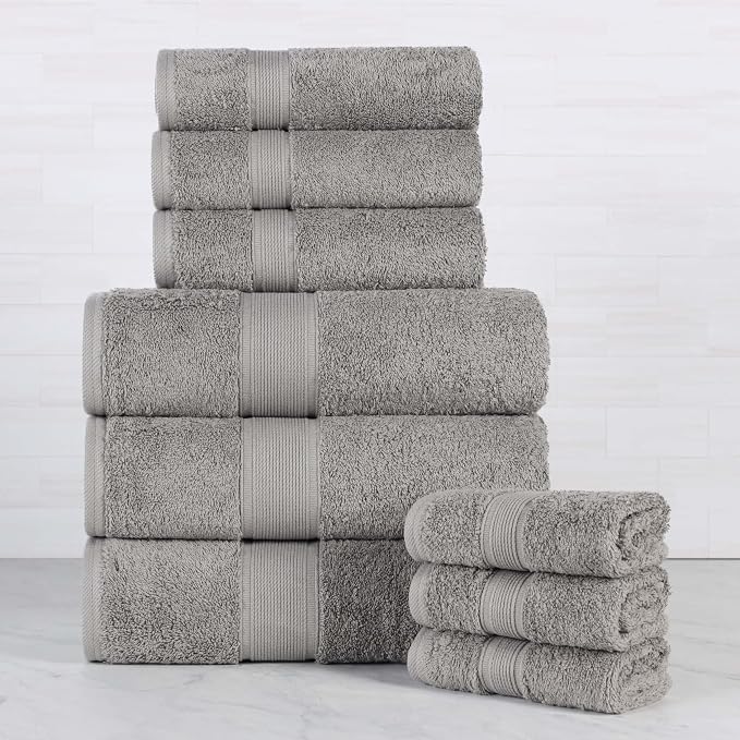 Superior 100% Organic Cotton 9-Piece Towel Set, Includes 3 Bath Towels, 3 Hand Towels, 3 Face Towels/Washcloth, Daily Use, Bathroom, Guest Bath, Absorbent, Home Essentials, Oregon Collection, Silver