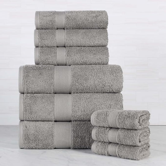 Superior 100% Organic Cotton 9-Piece Towel Set, Includes 3 Bath Towels, 3 Hand Towels, 3 Face Towels/Washcloth, Daily Use, Bathroom, Guest Bath, Absorbent, Home Essentials, Oregon Collection, Silver