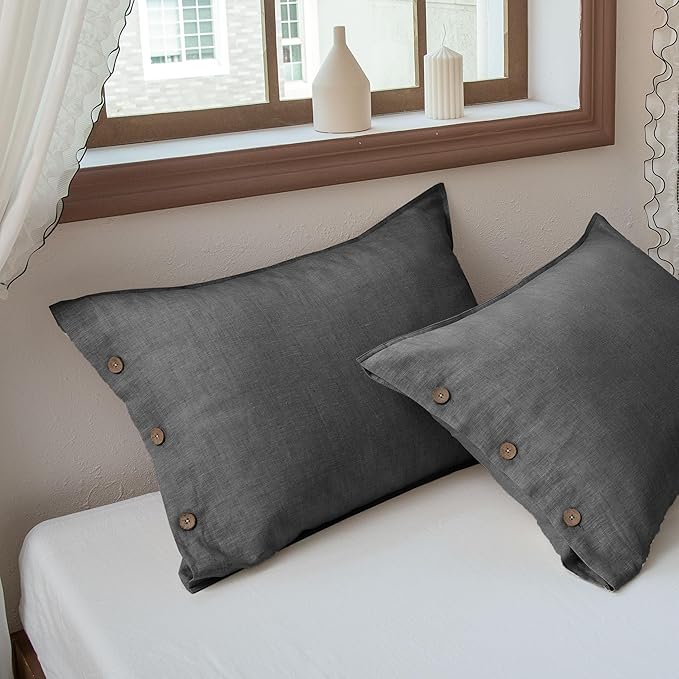 EVERLY 100% Linen Pillowcases Set of 2,French Linen from Normandy, 20X36Inch Standard Size, Natural Color, Coconut Buttons Closure, Flax Pillowshams-Pillowcase-Dark Grey
