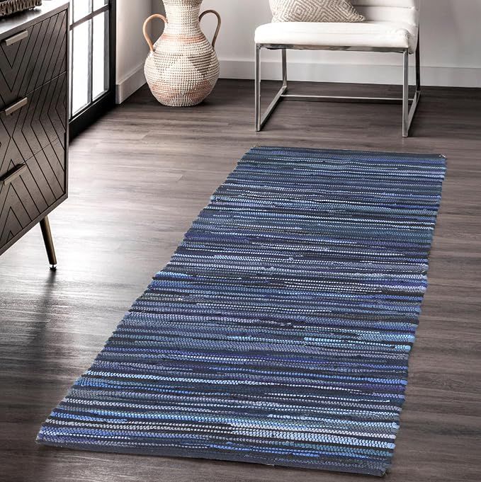Handmade Cotton Chindi Rug Runner Area Rag Washable Recycled Rugs for Home Décor, Living Room and Bedroom (NavyBlue, 2X8 Feet)