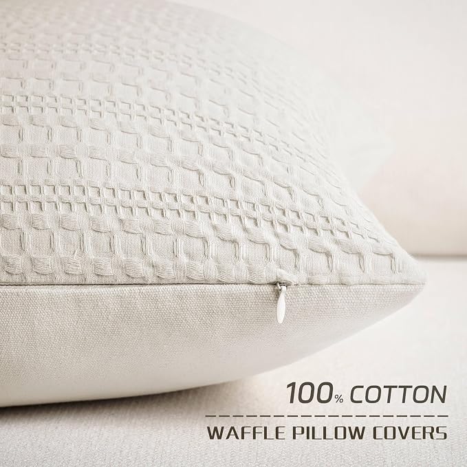 ZeeMart 100% Cotton Waffle Textured Throw Pillow Covers Set of 2, 22x22 Inch Ecru, Soft Farmhouse Decorative Couch Pillow Cases Beige Cushion Covers for Sofa Bed Living Room Home Decor