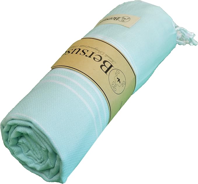 Bersuse Towels Anatolia XL Beach Blanket Throw Blanket Turkish Towel 100% Cotton Extra-Large Quick-Dry Lightweight Premium Peshtemal Towel - 61x82 Inches, Aqua Marine (Set of 3)