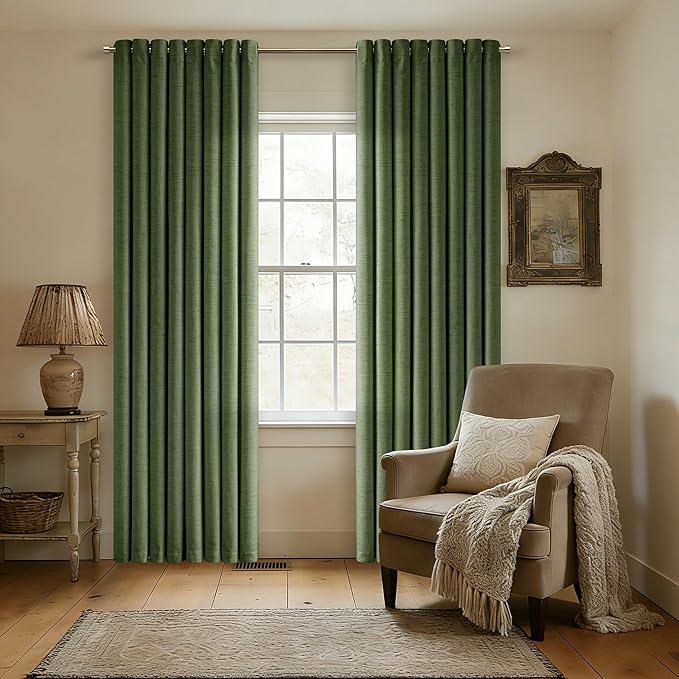 Moss Green Linen Curtains 96 Inch Length 2 Panels Set Olive Green Light Filtering Semi Sheer Grommet Drapes Thick Linen Privacy Floor to Ceiling Length Curtain Living Room 8ft