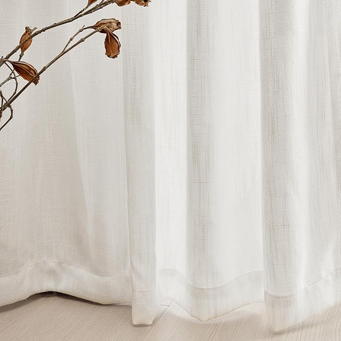 MYSKY HOME Extra Long Curtains for Living Room, Soft Cotton Fabric Boho Window Curtain Drapes Light Filtering Semi Sheer Backdrop Panels, Beige White, 50 x 108 Inches, 2 Pieces