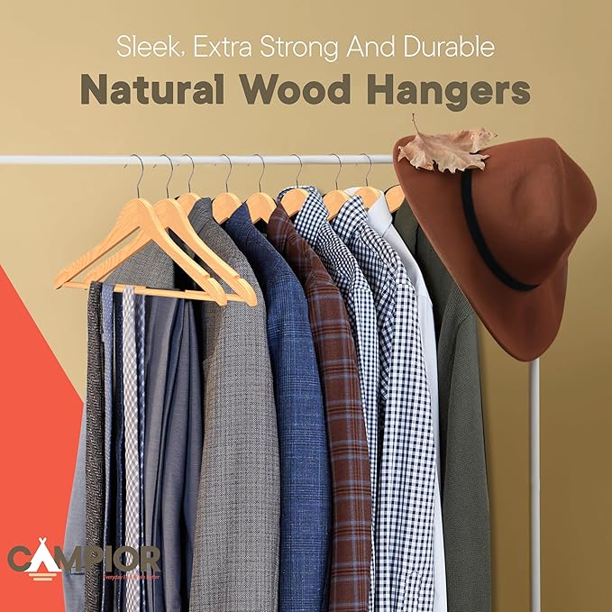 Natural Wooden Hangers 5 Pack – Heavy-Duty with 360° Swivel Hook, Non-Slip, Pants Bar & Shoulder Grooves - Wooden Hangers for Suits, Jackets, Dresses & Camisoles, Space-Saving and Smooth Finish