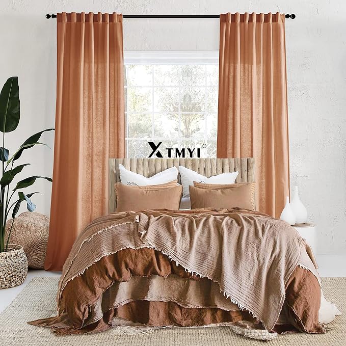 XTMYI Terracotta Country Curtains for Living Room,Sheer Linen Curtains for Bedroom 90 Inches Long,70 Inches Wide