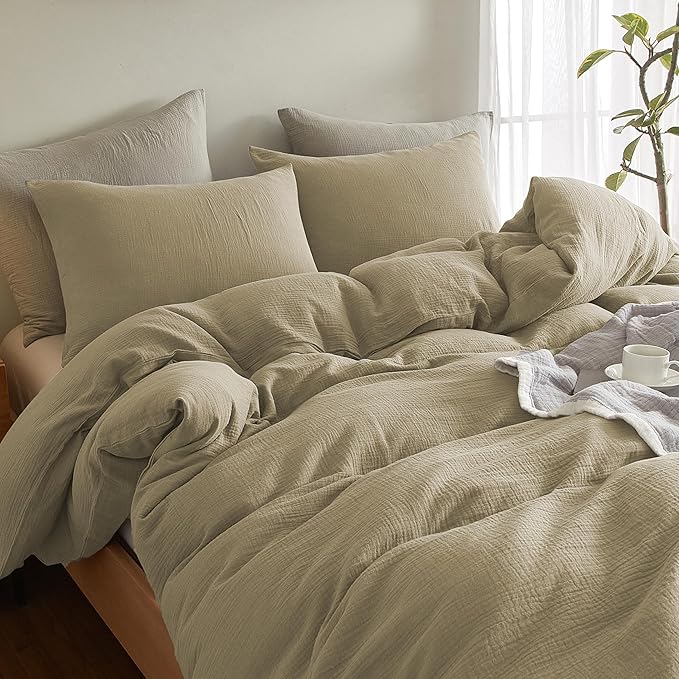 SE SOFTEXLY Muslin Duvet Cover King Size, 100% Washed Cotton Duvet Cover Set, Ultra Soft Comforter Cover Linen Like, 3 Pieces Minimalist Gauze Duvet Cover with 2 Pillowcases, 90"x104", Oatmeal