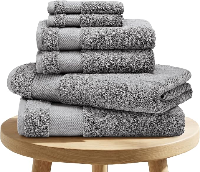 BIOWEAVES 100% Organic Cotton 700 GSM Plush 6-Piece Towel Set GOTS Certified, 2 Bath Towels, 2 Hand Towels & 2 Washcloths - Light Grey