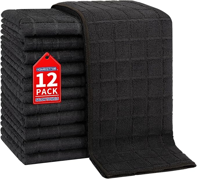 Salon Towels, 12 Pack Black Hand Towels for Bathroom, 16 by 27 Inches Bulk Quick Dry Absorbent Microfiber Hair Towel, Bathroom Towels for Gym Spa Barber Pedicure Makeup & Beauty