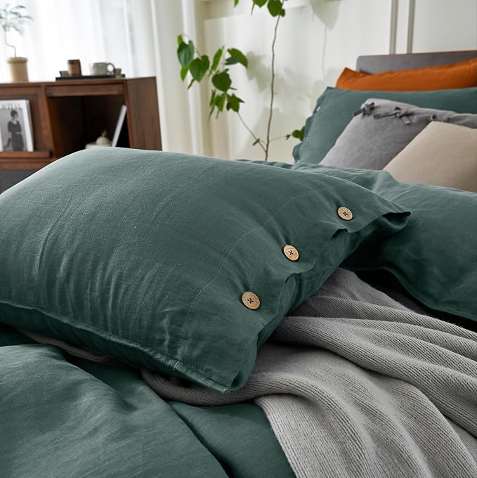 EVERLY 100% Pure Linen Duvet Cover Set Oversized King120X98Inch 3pcs (1 Duvet Cover,2 Pillowcases) Soft and Breathable for All Season with Coconut Button Closure, Suitable for Hot Sleepers-Aqua