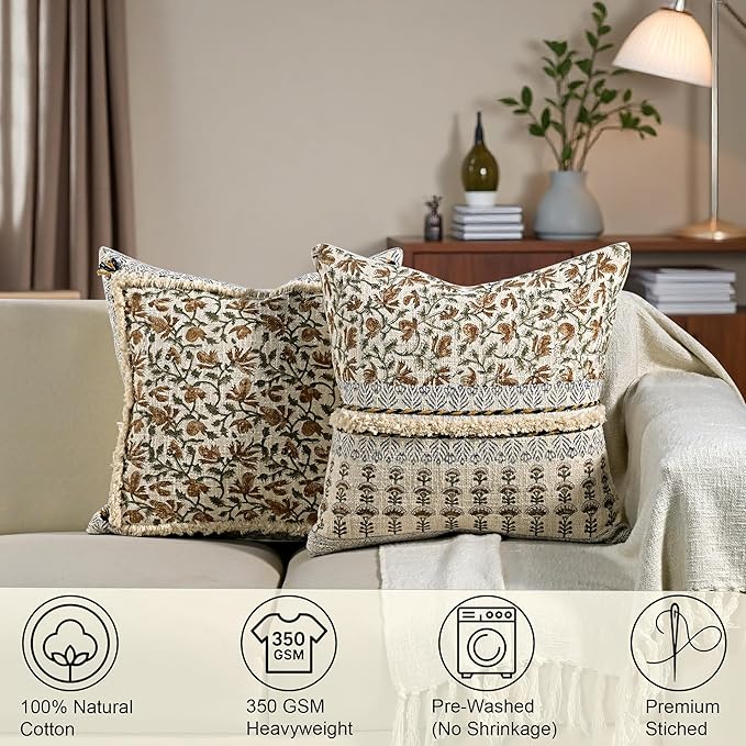 Ridhi Amber Fern Garden Block Print Cotton Handmade TNT Cushion Cover 20x20 Inch Decorative Throw Pillow Cover for Sofa, Living Room, Bedroom Decor, Soft, Cushion Case for Spring, Easter