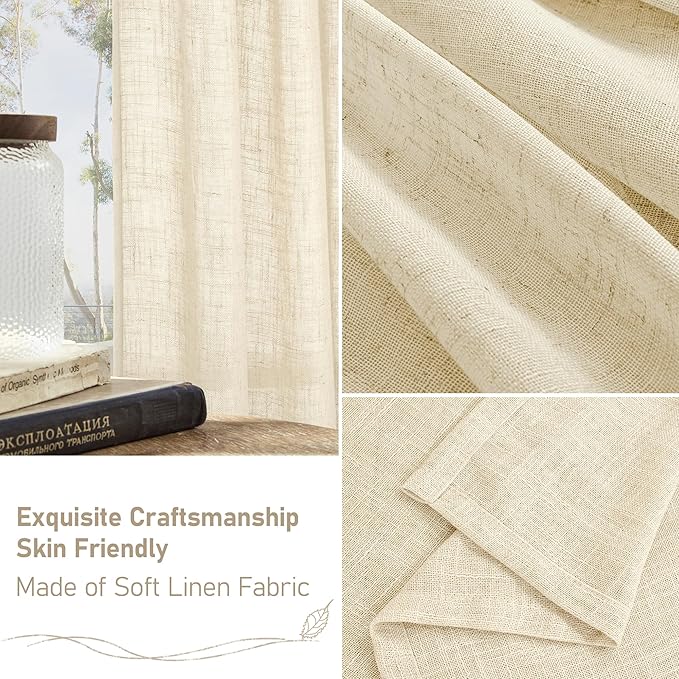LAMIT Beige Linen Semi Sheer Curtains 48 Inch for Bedroom, Light Filtering Neutral Window Curtains Farmhouse Boho Back Tab and Rod Pocket Panels, 2 Panels, 52 x 48 Inch