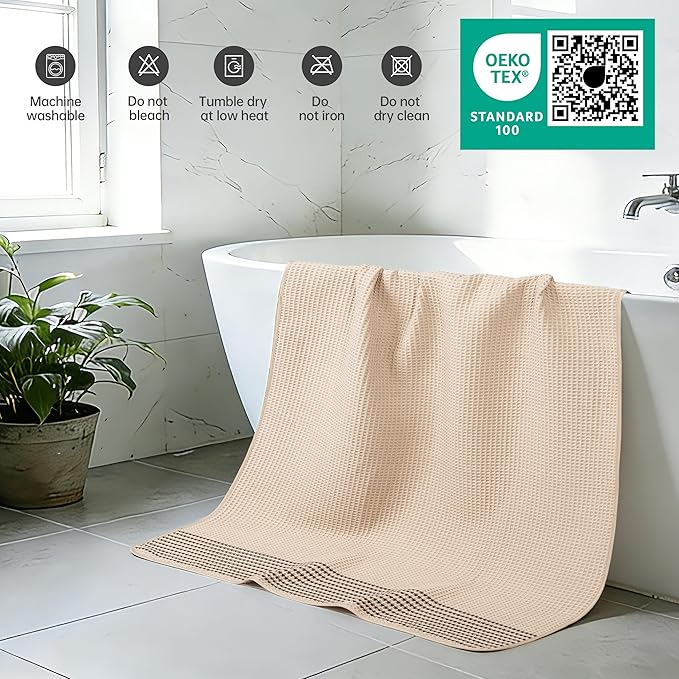 MICROFI New Microfiber Waffle Bath Towels, 2 Pieces, Soft, Absorbent, Fast Drying, Lint Free 430 GSM (Champagne Striped)
