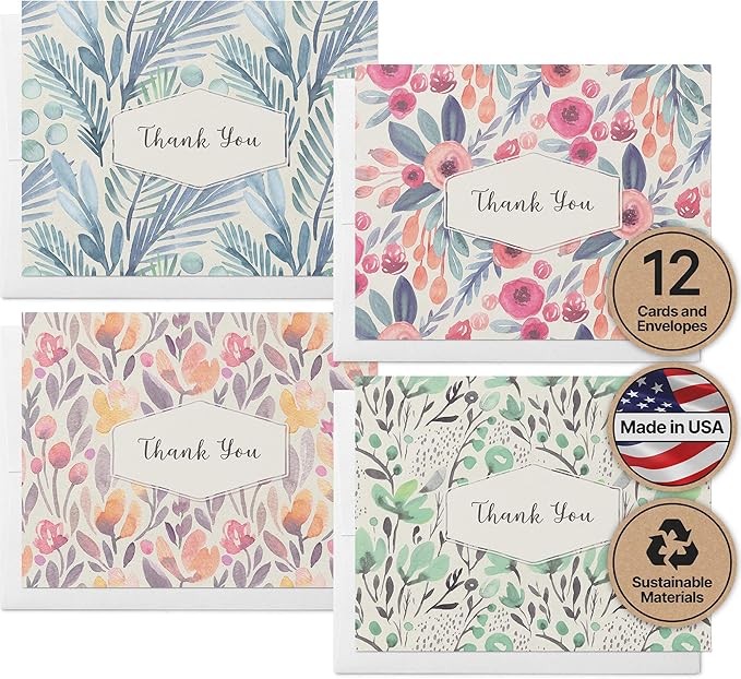 Twigs Paper Thank You Card Set - 12 Assorted Greeting Cards For All Occasions - Thank You Cards with Envelopes - Appreciation Cards - Eco Friendly - Made In USA - 5.5 x 4.25 Inch Size - Floral Themed
