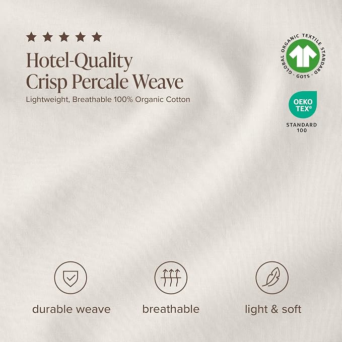 Bare Home 100% Organic Cotton Twin XL Sheet Set - Crisp Percale Weave - Lightweight & Breathable - Bedding Sheets & Pillowcases (Twin XL, Cream)