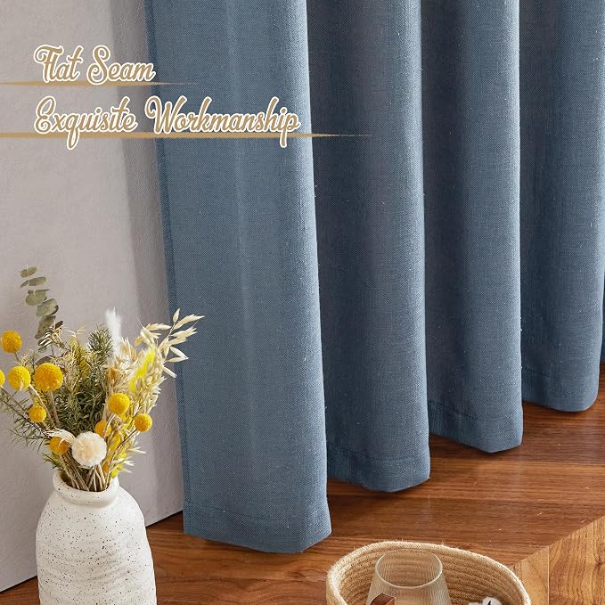 NICETOWN Stone Blue Linen Blend Curtains for Living Room, Rod Pocket & Back Tab Flax Linen Burlap Semi Sheer Privacy with Light Filtering Window Treatments for Bedroom, W52 x L90, 2 Panels