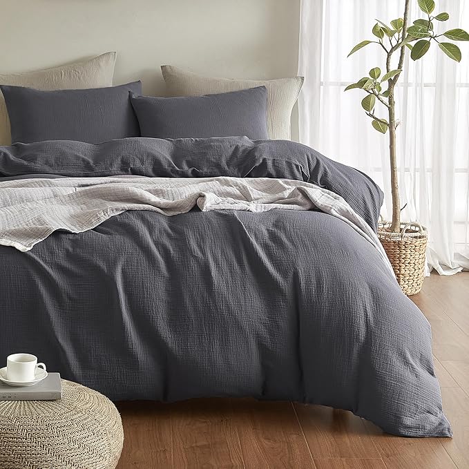 SE SOFTEXLY Muslin Duvet Cover King Size, 100% Washed Cotton Duvet Cover Set, Ultra Soft Comforter Cover Linen Like, 3 Pieces Minimalist Gauze Duvet Cover with 2 Pillowcases, 90"x104", Dark Grey