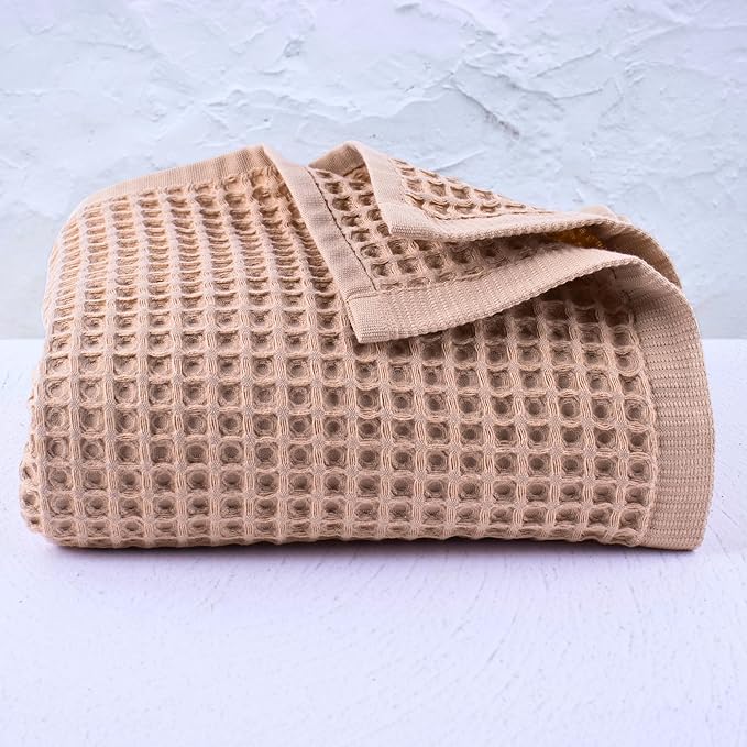 PÜSKÜL Pack of 2 Waffle Bath & Spa Towels - Premium 100% Turkish Organic Cotton - Quick Dry Thin Bath Towel for Bathroom - Made in Turkey (Beige, 32x63 inch)