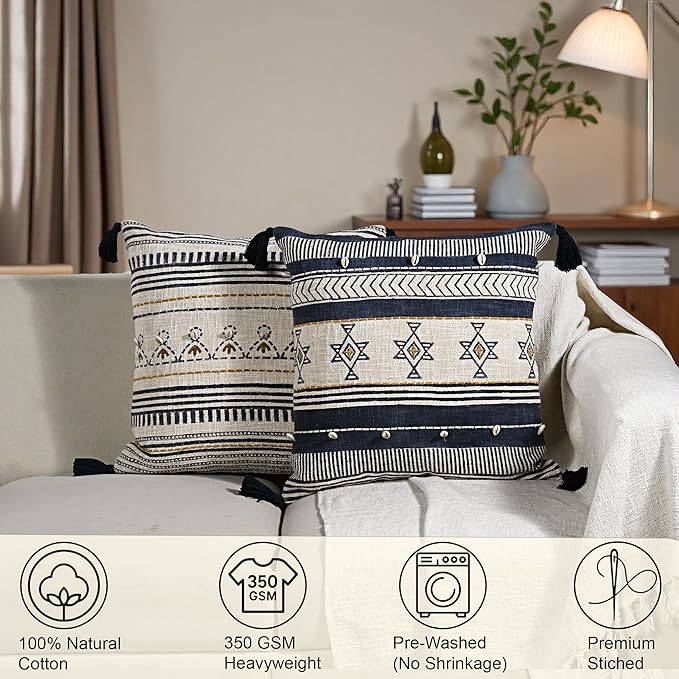 Ridhi Block Print Off White Navy Gold Cotton Handmade TNT Cushion Cover 18x18 Inch Accent Decorative Throw Pillow Cover for Sofa, Living Room, Bedroom Decor, Soft, Cushion Case for Spring, Summer