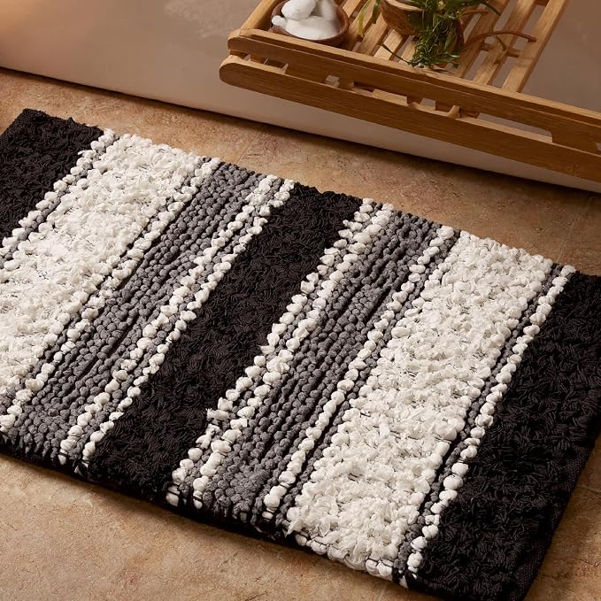 Chenille Cotton Bath Rug 20x32 Inch - Charcoal, Non-Slip Absorbent Quick Dry Floor Mat Ideal for Bathroom, Kitchen, Laundry Room | Grey Washable Accent Soft Shaggy Throw Door Mats for Entryway, Patio