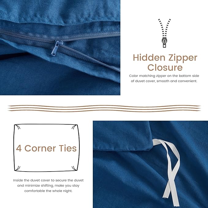 BISELINA French Linen Duvet Cover Set 2pcs with Hidden Zipper Closure Natural Flax Cotton Blend Solid Color Soft Breathable Luxury Farmhouse Bedding - Twin Size, Navy Blue