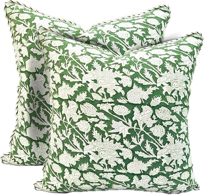 ATOSII Block Print Throw Pillow Covers, 18 X 18 - Set of 2, Decorative Couch Pillows for Living Room Bed Sofa, 100% Cotton Canvas Pillow Case for Home Decor & Outdoors, Preppy Throws - Meraki Green