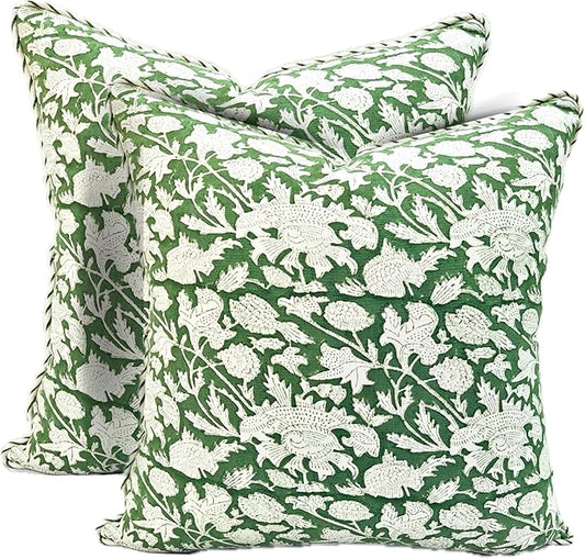 ATOSII Block Print Throw Pillow Covers, 18 X 18 - Set of 2, Decorative Couch Pillows for Living Room Bed Sofa, 100% Cotton Canvas Pillow Case for Home Decor & Outdoors, Preppy Throws - Meraki Green