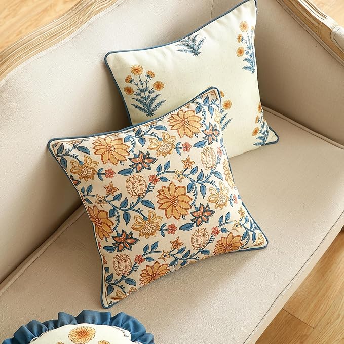 ISAENNE Design Square Simple Elegant Linen Throw Pillow Covers 18"x18" Pack of 2, Blue Yellow Floral Pattern Cushion Covers Decor Pillowcases for Bed,Living Room,Outdoor,Car