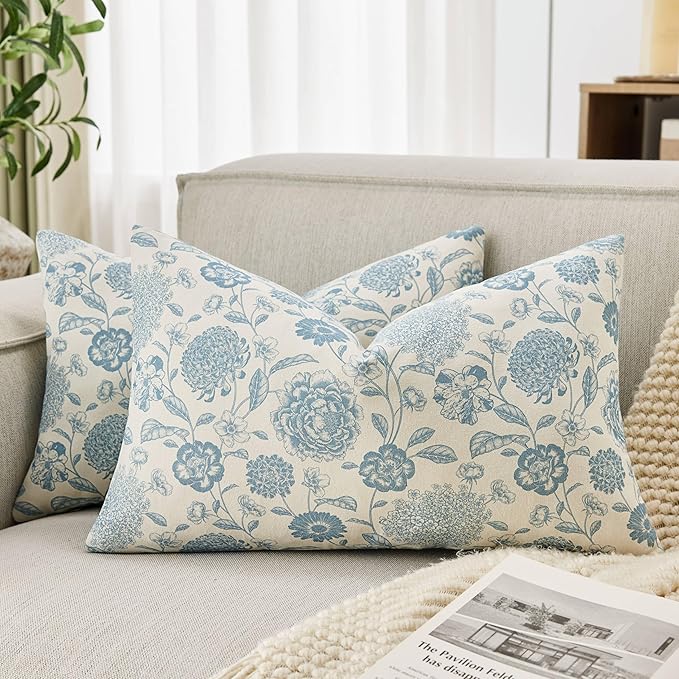 100% Cotton Botanical Lumbar Throw Pillow Covers Set of 2, 12x20 Inch Light Blue, Farmhouse Double-Sided Floral Print Decorative Cushion Covers Pillow Cases Boho Home Decor
