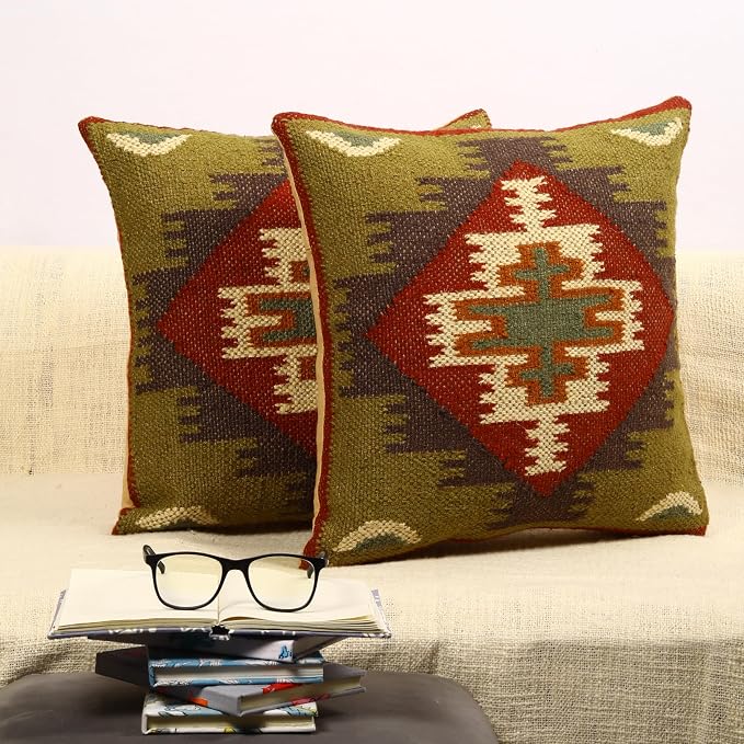 Trade Star 70% Jute 30% Wool Handloomed Cushion Cases Set of 2 Throw Pillow Covers Kilim Cushion Covers Handwoven Pillowcase Beautiful Pillow Shams for Home Decor (Kilim 4)