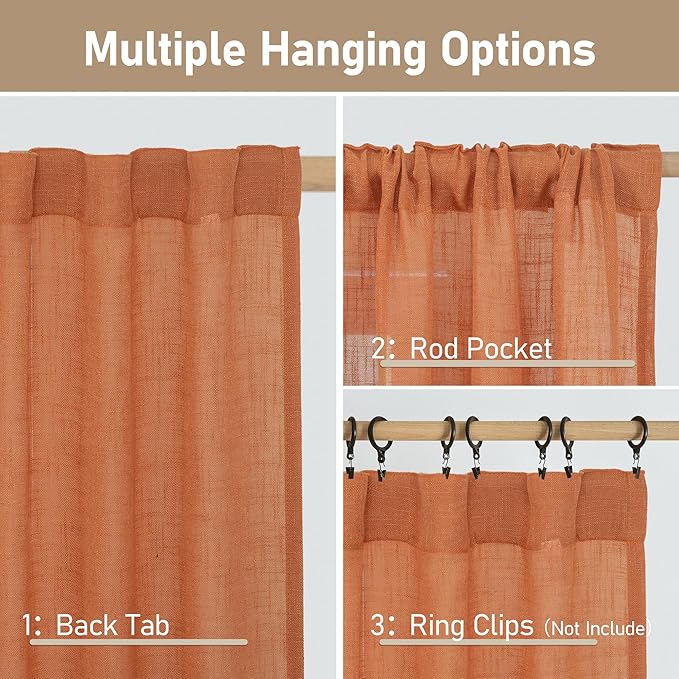 LAMIT Orange Linen Curtains 40 Inch Length, Semi Sheer Light Filtering Panels Back Tab and Rod Pocket Rust Country Decor Drapes for Small Windows/Kitchen, Burnt Orange, 2 Panels, 34 x 40 Inch