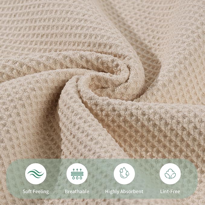 MICROFI Waffle Weave Bath Towel Set, Microfiber, 4 Pieces (Body/Hair/Hand/Face), Quick Dry, Lightweight, Super Absorbent, Lint Free, 380 GSM (Champagne)