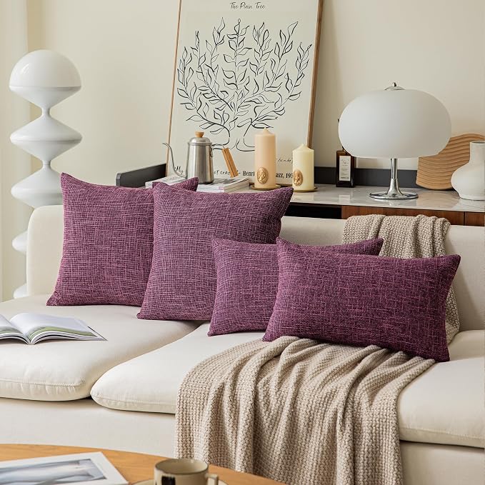 Kevin Textile Set of 2 Decorative Throw Pillow Covers Faux Linen Cushion Covers for Bed Couch Sofa, 22x22 inches(55cm), Red Purple