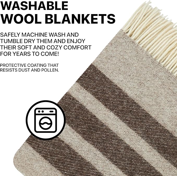 | Wool Blanket/Throw | 100% New Zealand Wool | Perfect for Home and Outdoors | Virgin Wool Blanket with Fringes 55"x79"(140 x 200 cm) (Latte Grey)