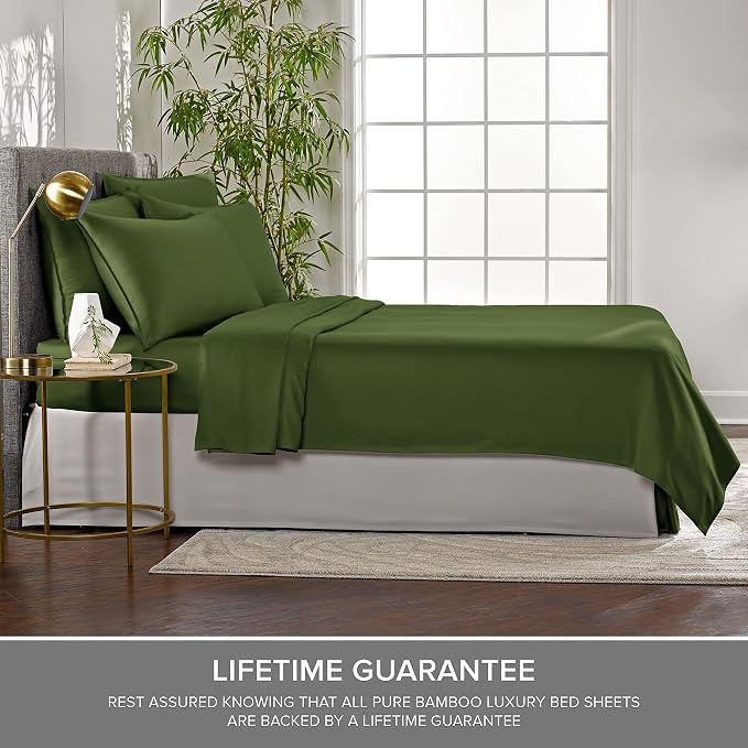 Pure Bamboo Twin Sheets, Genuine 100% Organic Viscose Derived from Bamboo Bed Sheet Set, Luxuriously Soft & Cooling, Double Stitching, 2 Year Quality Promise (Twin, Pesto)