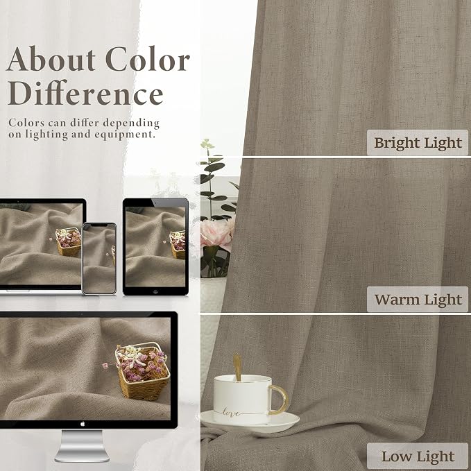 Pitalk Dark Taupe Linen Curtains for Living Room Drapes 108 Inches Long Grommet Neutral Farmhouse Country Curtains Window Treatments Brown Curtain for Bedroom Patio Door Cabin 2 Panels W52 x L108