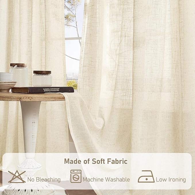 LAMIT 102 inches Long Sheer Linen Curtains, Linen Textured Light Filtering Semi Sheer Back Tab and Rod Pocket Natural Boho Drapes for Living Room/Farmhouse, 2 Panels, Beige, 52 x 102 Inch